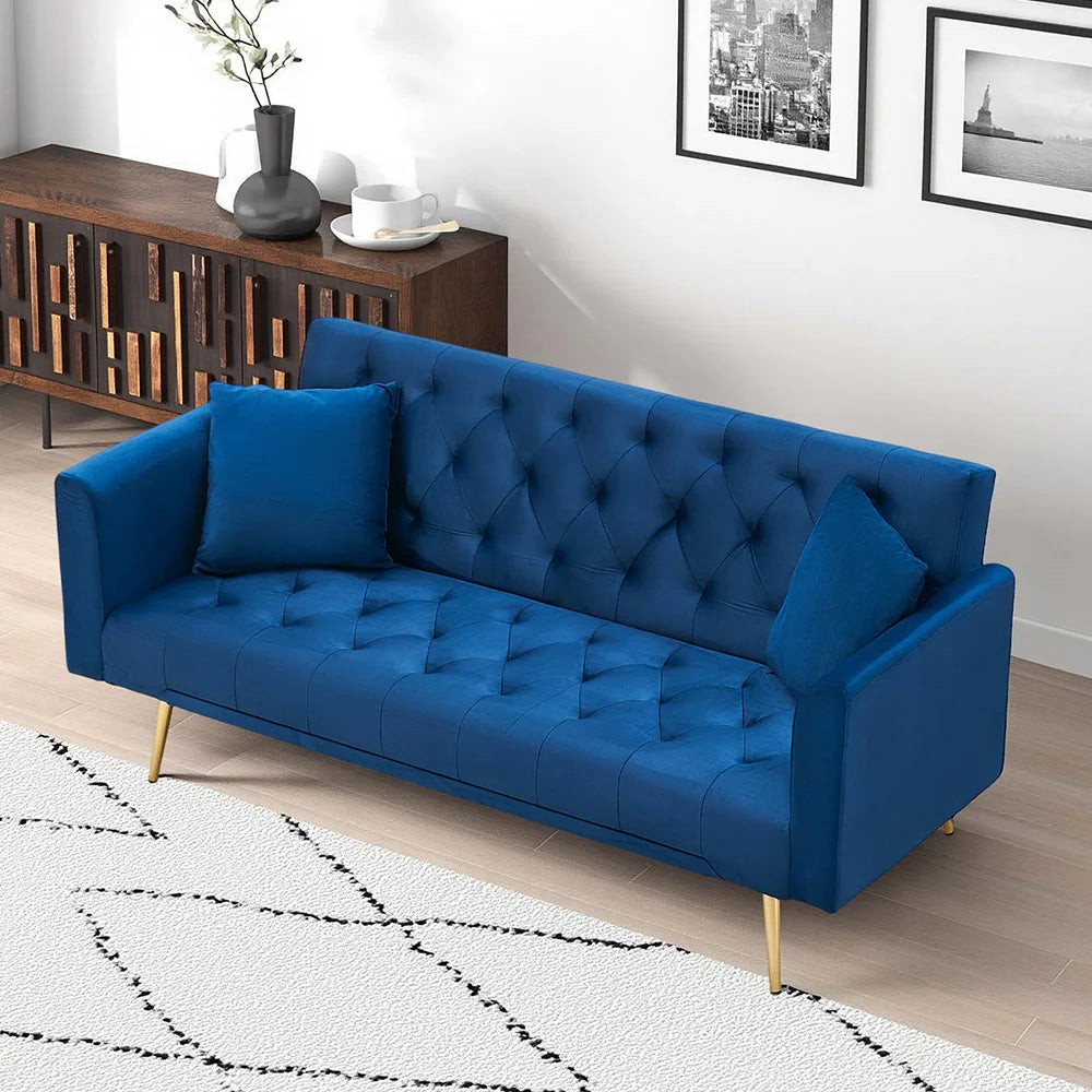 Velvet Convertible Futon Sofa Bed 71" 3-Seater Tufted Sleeper Couch with Gold Metal Legs 3 Position Adjustable Backrest Folding Reclining Sofa with 2 Throw Pillows for Living Room Apartment Small Spaces