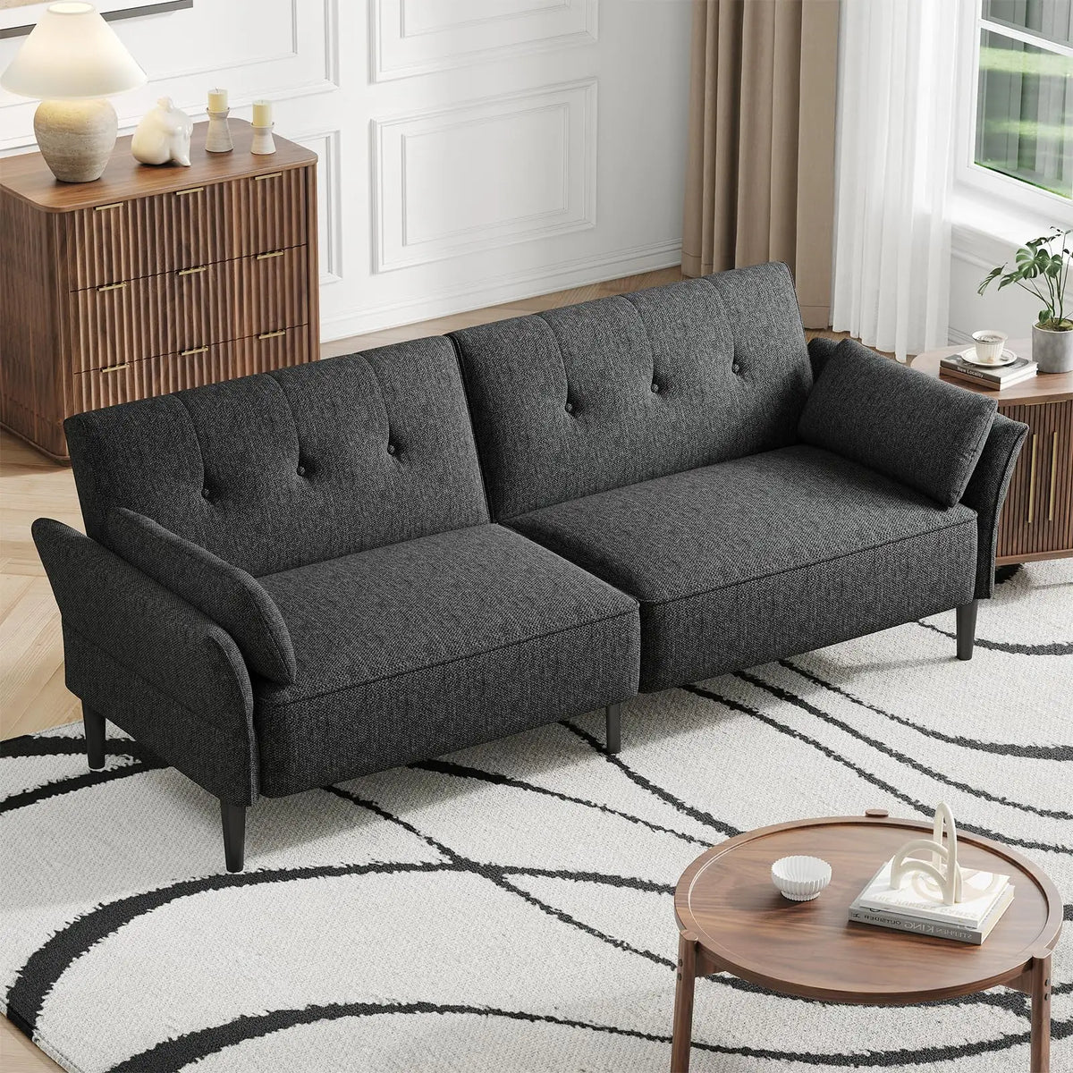 89” Futon Sofa Bed, Comfy Futon Couch Bed with 2 Square Pillows, Convertible Sleeper Sofa with Adjustable Backrest & Armrests