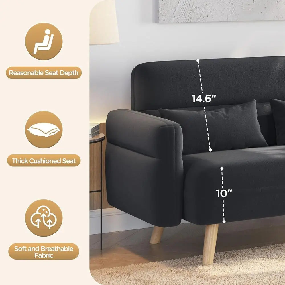 46" Small ern abric Soa Loveseat Century 2 Seater Soa Couch with Lumbar Pillows, Solid Wood Legs or Living Room, Small Space, Do
