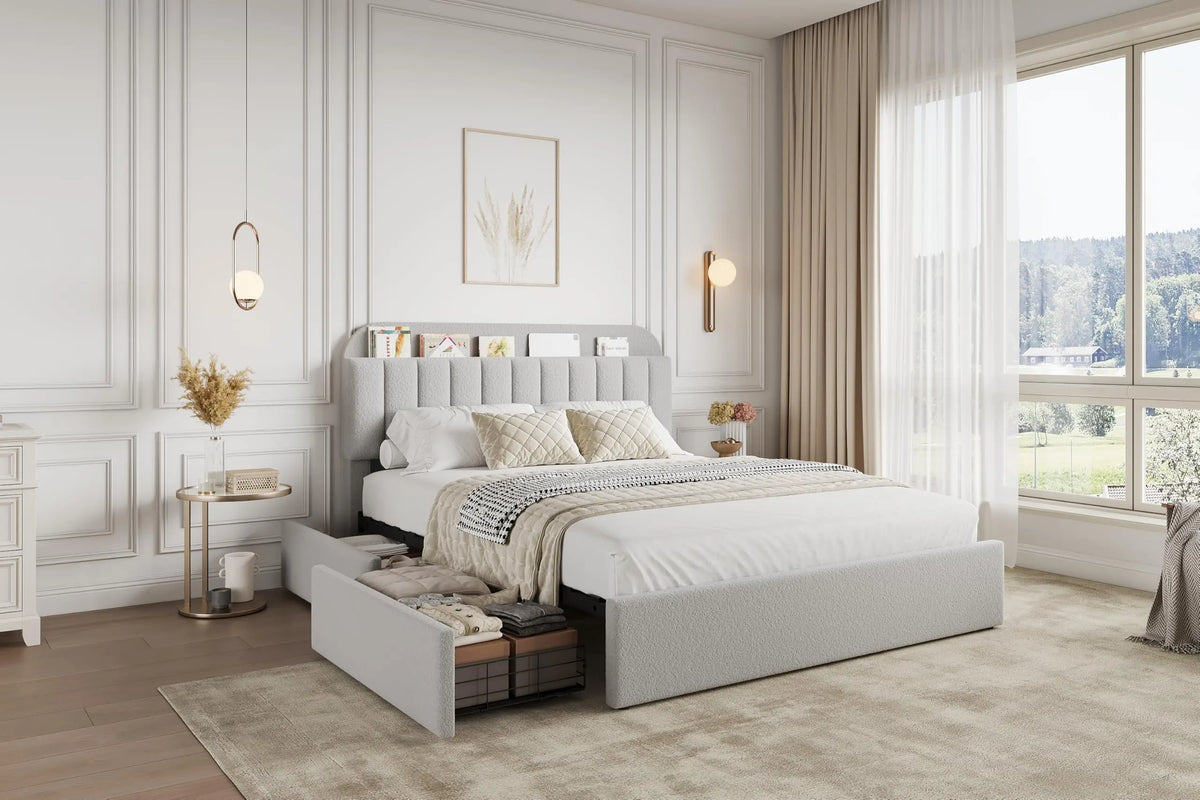 Full Size Boucle Upholstered Platform Bed Frame with Storage Headboard & 2 Drawers, Gray Bed Frame, No Box Spring Needed, Noise Free, Easy Assembly