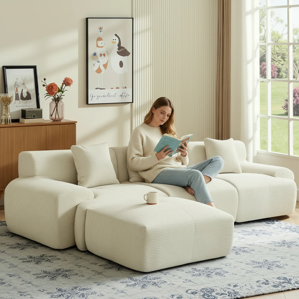 108''Modular Sectional Sofa L‑Shape Chaise Lounge, Free Combination Corduroy Couch with Pocket Spring High‑Density Foam for Living Room