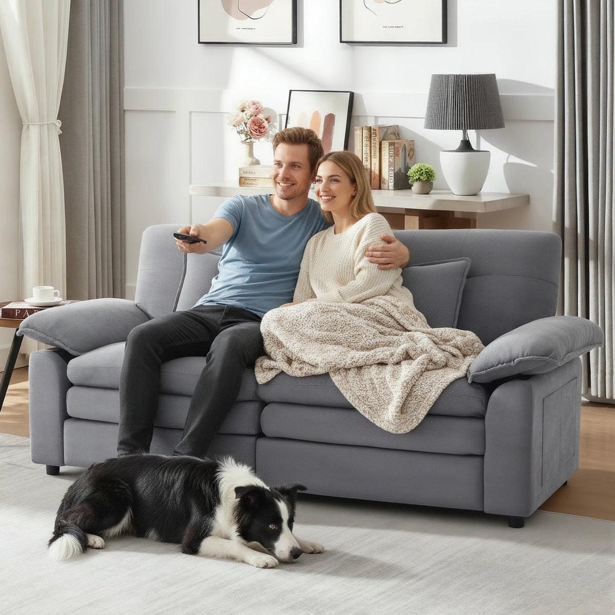Soft Chenille 2‑Seater Modular Sofa Couch, Deep Seat Plush Living Room Sofa with 2 Decorative Pillows for Family Daily Use