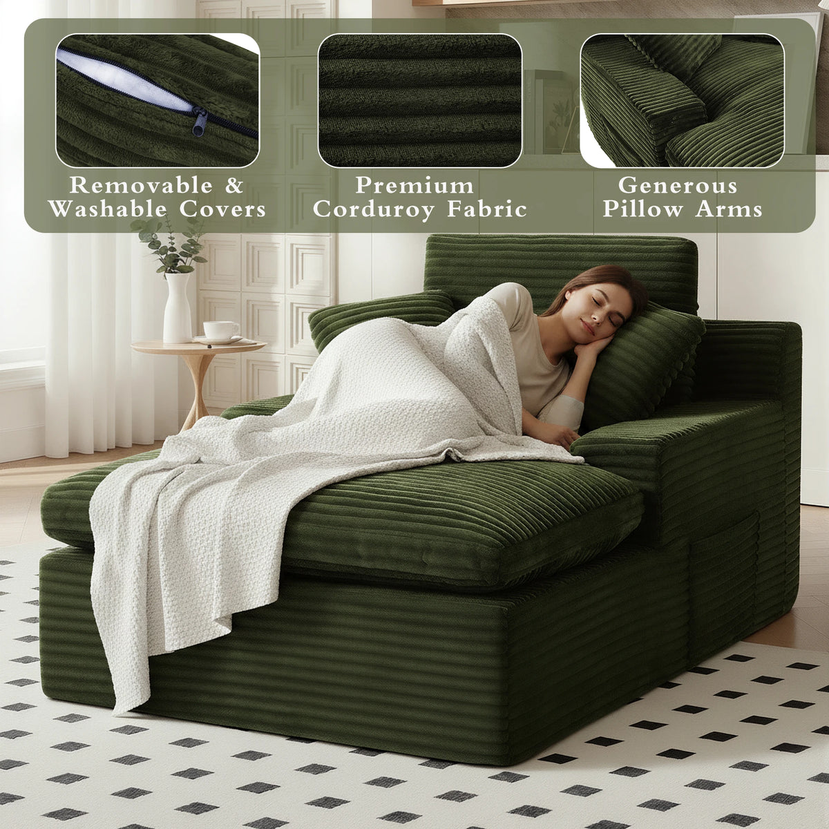 Green Indoor Relax L‑Shape Chaise Lounge Sofa, Corduroy Modular Sectional Couch Cloud Spring Cushion, Vacuum Packed No Assembly for Reading Rest Sleeping