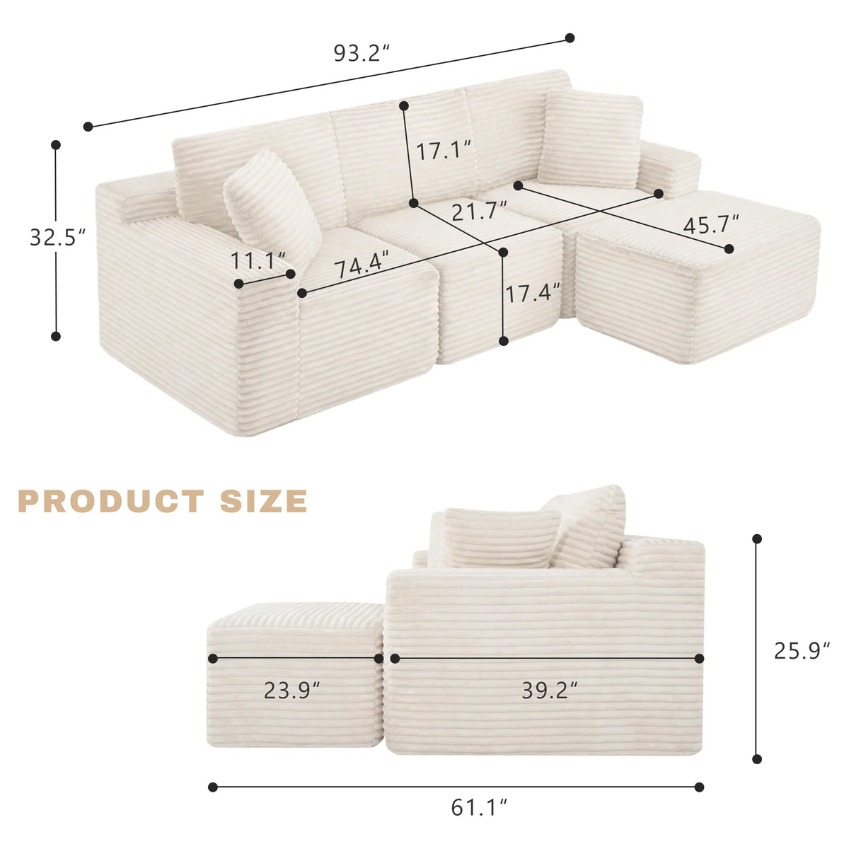 Beige Modular Free Combination Corduroy Sectional Sofa, L‑Shape Chaise Lounge Couch, Vacuum Compressed No Assembly Furniture for Bedroom Guest Room Home Decor