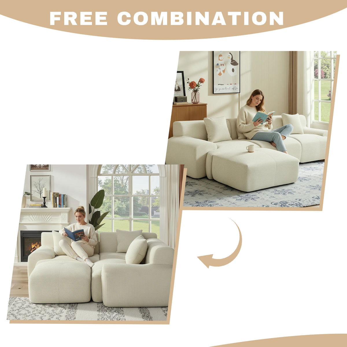 108''Modular Sectional Sofa L‑Shape Chaise Lounge, Free Combination Corduroy Couch with Pocket Spring High‑Density Foam for Living Room