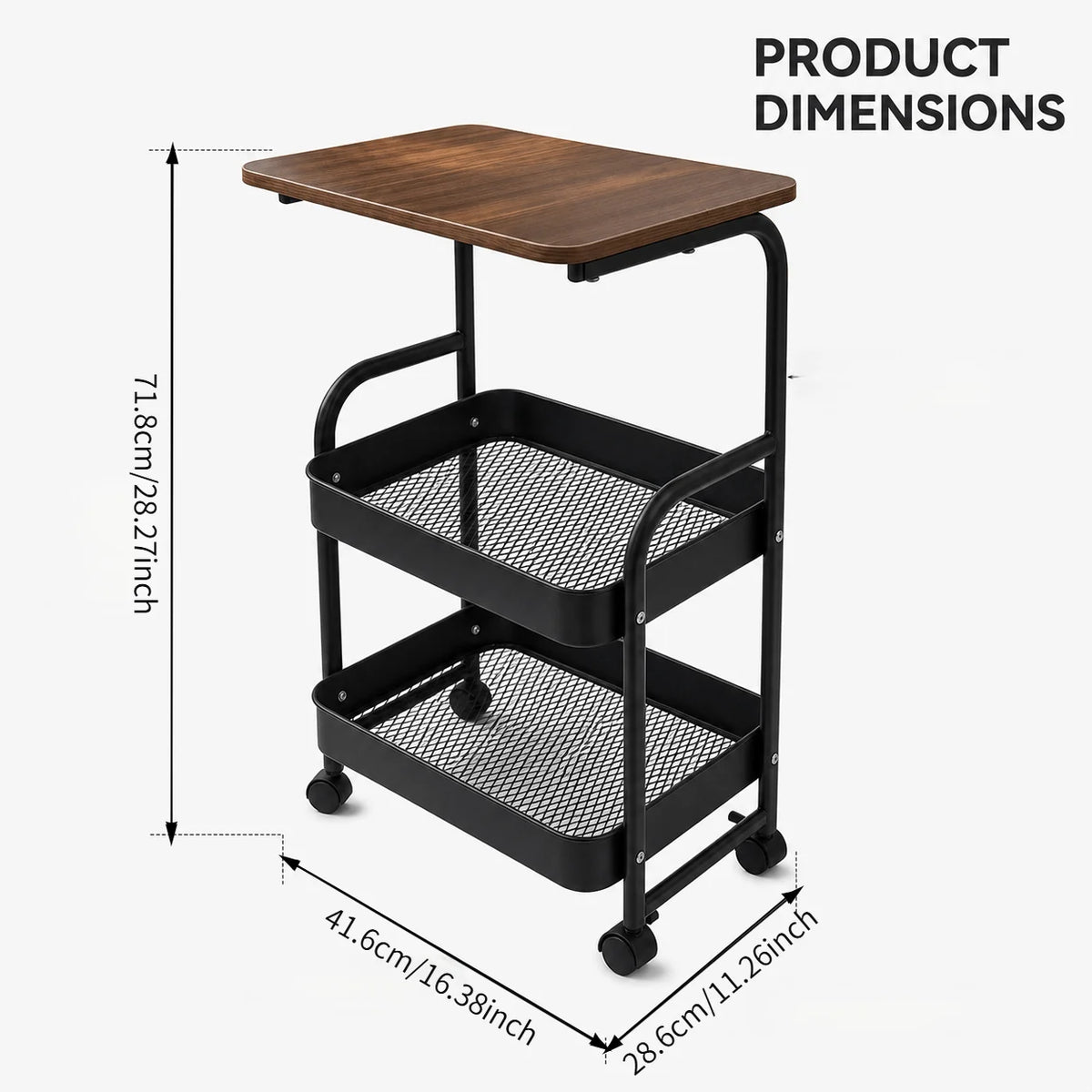Multi-functional storage side table for the living room sofa, 2-tier/3-tier rolling multi-purpose storage cart with wooden top and lockable 360° swivel wheels, black metal wire baskets, movable wheeled side table, slim narro
