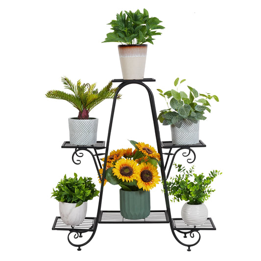 6 Tier Iron Plant Rack with Staggered Shelves, Decorative Flower Pot Stand for Indoor and Covered Outdoor Use