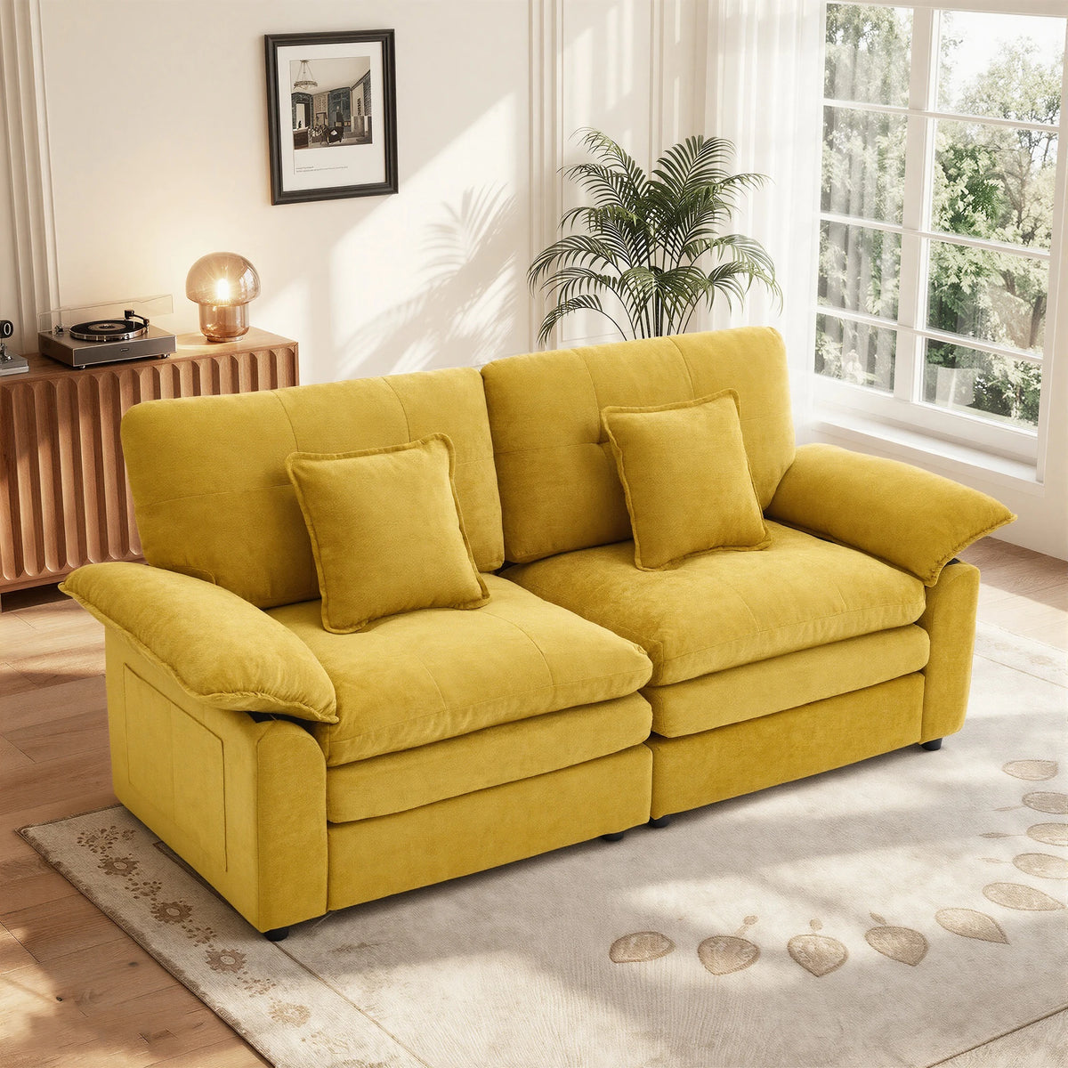 2‑Seater Modular Sofa Couch, Chenille Fabric Deep Seat Living Room Sofa with Cloud‑Like High‑Density Cotton Fill & 2 Throw Pillows for Apartment