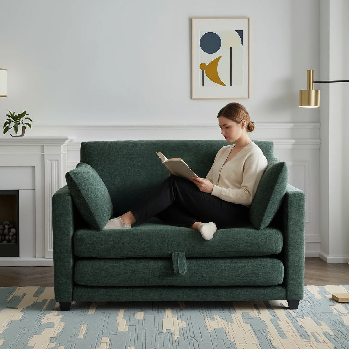 Soft Fabric 2‑in‑1 Pull‑Out Sofa Bed, Loveseat Sleeper Couch with Solid Wood Frame, Vacuum Packed No Assembly Furniture for Home Use