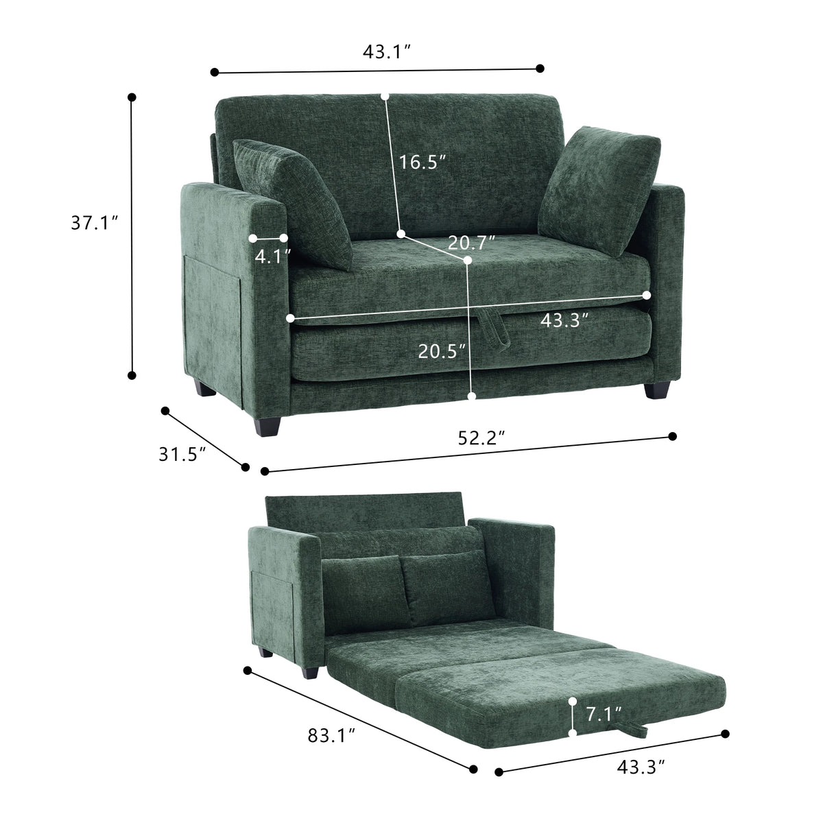 Soft Fabric 2‑in‑1 Pull‑Out Sofa Bed, Loveseat Sleeper Couch with Solid Wood Frame, Vacuum Packed No Assembly Furniture for Home Use