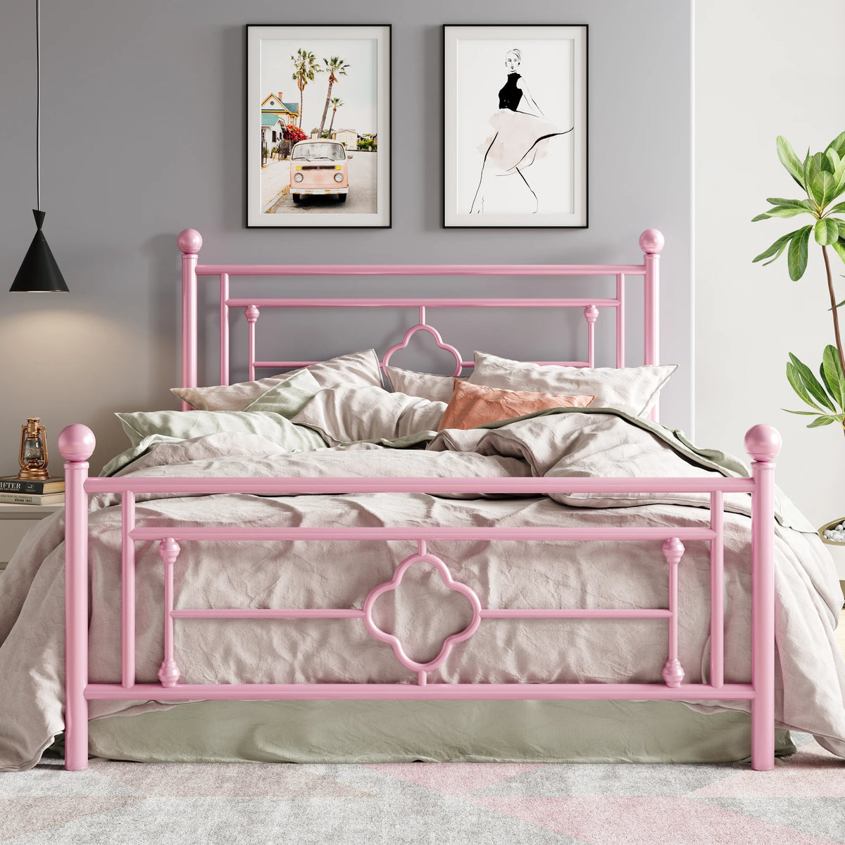 14 Inch Metal Platform Bed Frame, Vintage Victorian Style, Wrought Iron Headboard and Footboard