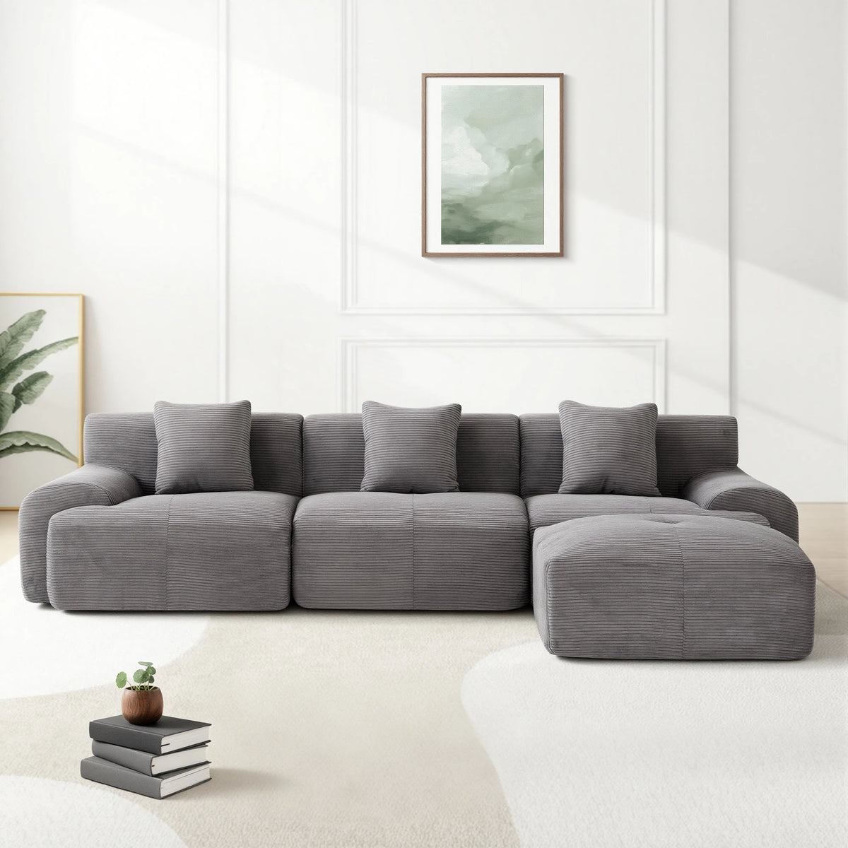 118‘’Dark grey Modular Sectional Sofa, Oversize Corduroy Couch Free Combination Sofa with Wide Armrest & Throw Pillows for Living Room