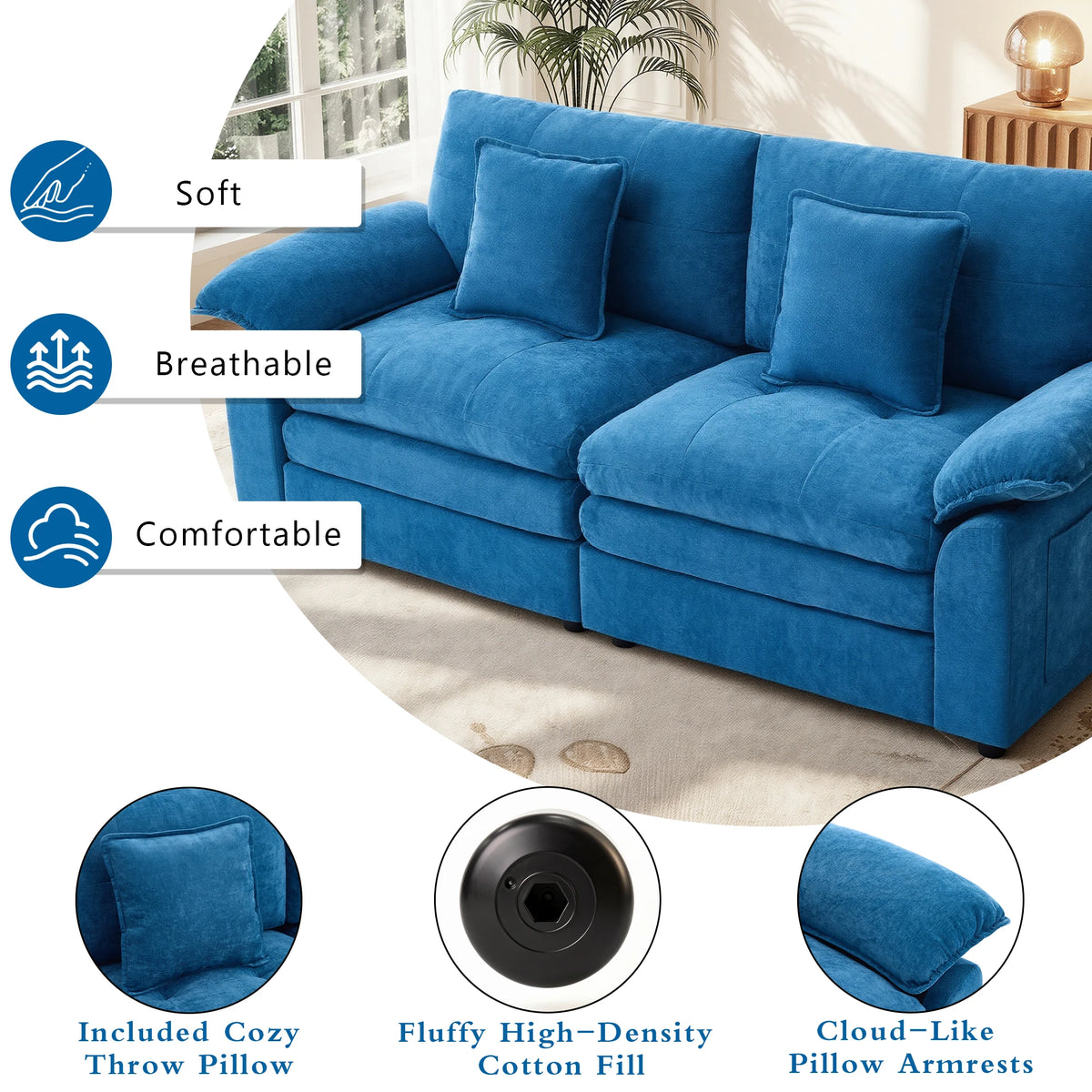 Modern 2‑Seater Modular Sectional Sofa, Breathable Chenille Fabric Couch with Extra Throw Pillows for Small Space Apartment Condo