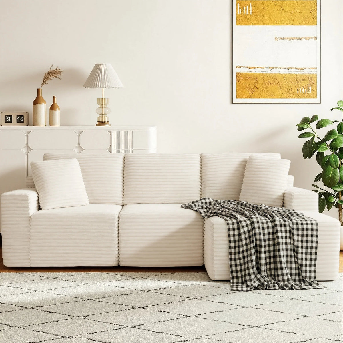 Beige Modular Free Combination Corduroy Sectional Sofa, L‑Shape Chaise Lounge Couch, Vacuum Compressed No Assembly Furniture for Bedroom Guest Room Home Decor