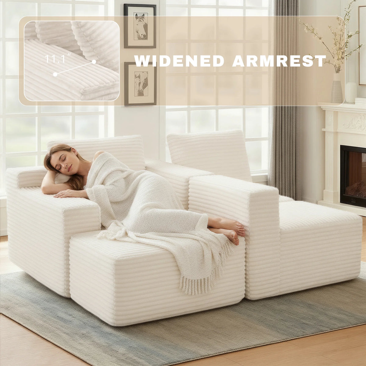 Beige Modular Free Combination Corduroy Sectional Sofa, L‑Shape Chaise Lounge Couch, Vacuum Compressed No Assembly Furniture for Bedroom Guest Room Home Decor