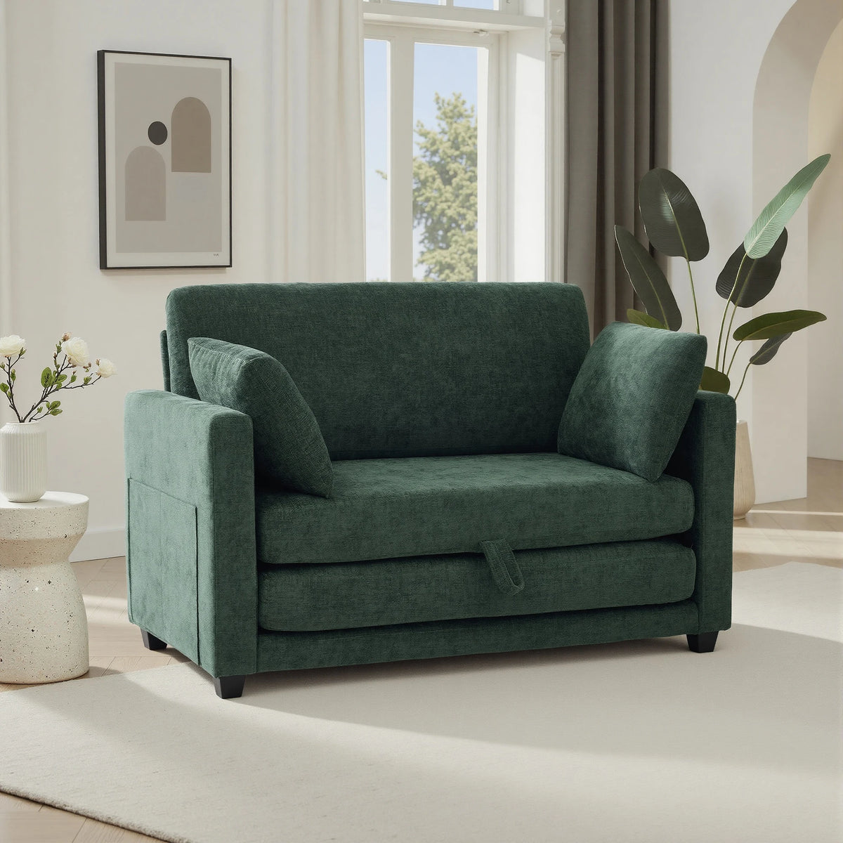 Soft Fabric 2‑in‑1 Pull‑Out Sofa Bed, Loveseat Sleeper Couch with Solid Wood Frame, Vacuum Packed No Assembly Furniture for Home Use