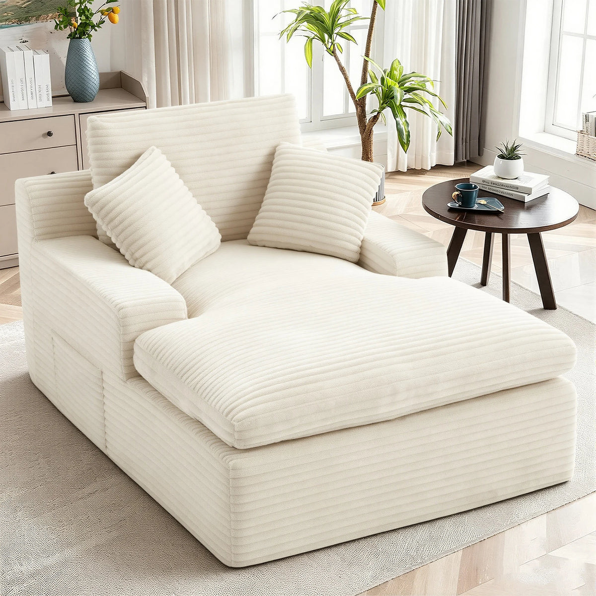 Beige L‑Shape Corduroy Chaise Lounge Sofa, Modular Free Combination Sectional Couch, Cloud Spring Cushion Vacuum Compressed for Small Space Home Bedroom
