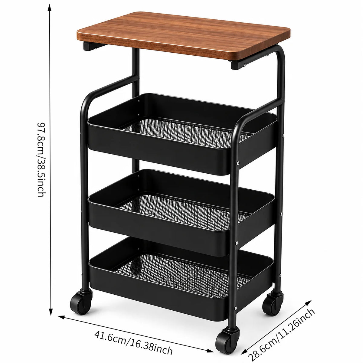 Multi-functional storage side table for the living room sofa, 2-tier/3-tier rolling multi-purpose storage cart with wooden top and lockable 360° swivel wheels, black metal wire baskets, movable wheeled side table, slim narro