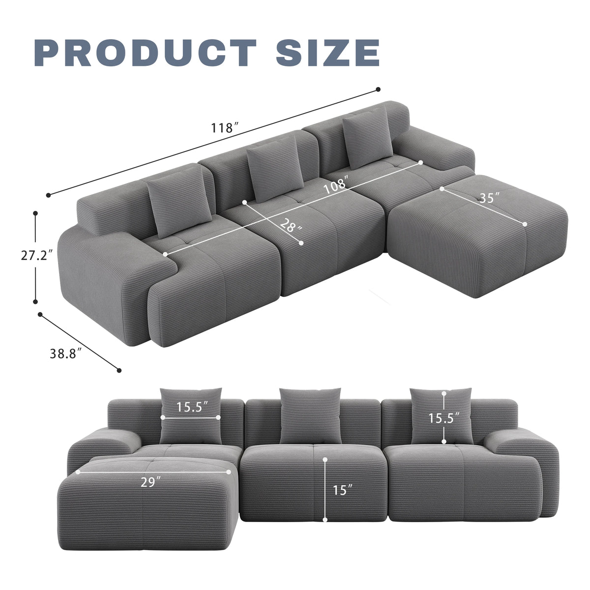 118‘’Dark grey Modular Sectional Sofa, Oversize Corduroy Couch Free Combination Sofa with Wide Armrest & Throw Pillows for Living Room