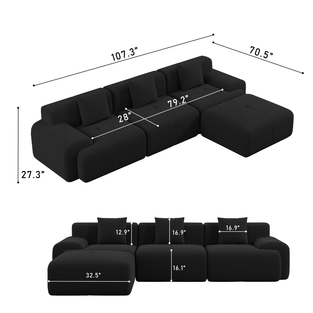 108''Modular Sectional Sofa L‑Shape Chaise Lounge, Free Combination Corduroy Couch with Pocket Spring High‑Density Foam for Living Room