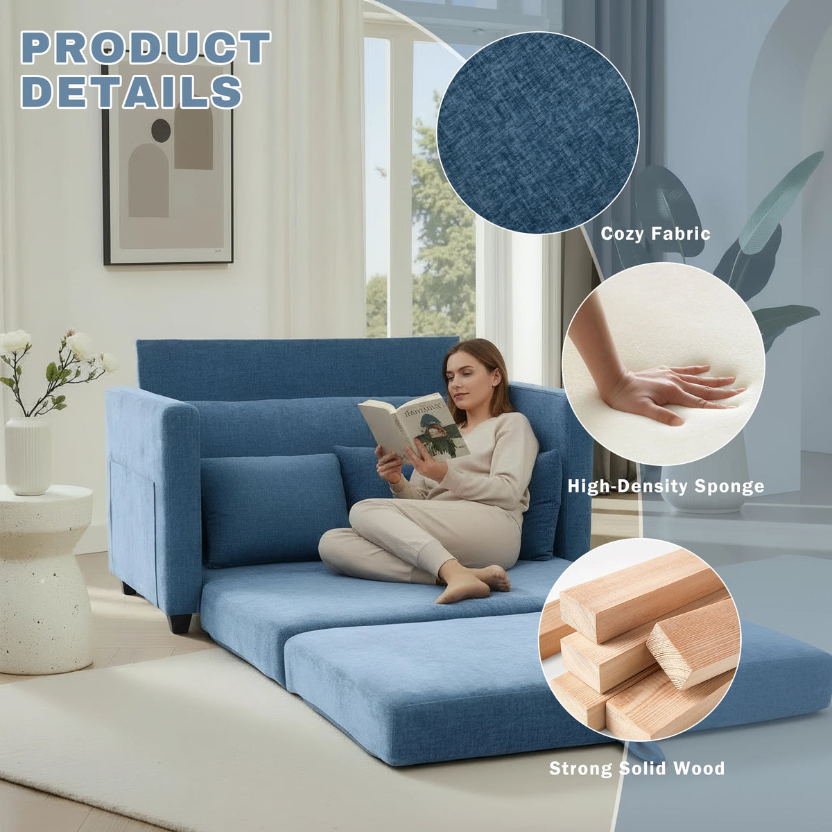 2‑in‑1 Pull‑Out Sleeper Sofa Bed, Fabric Loveseat Couch with Solid Wood Frame, Vacuum Packed No Assembly Sofa for Small Apartment Guest Room