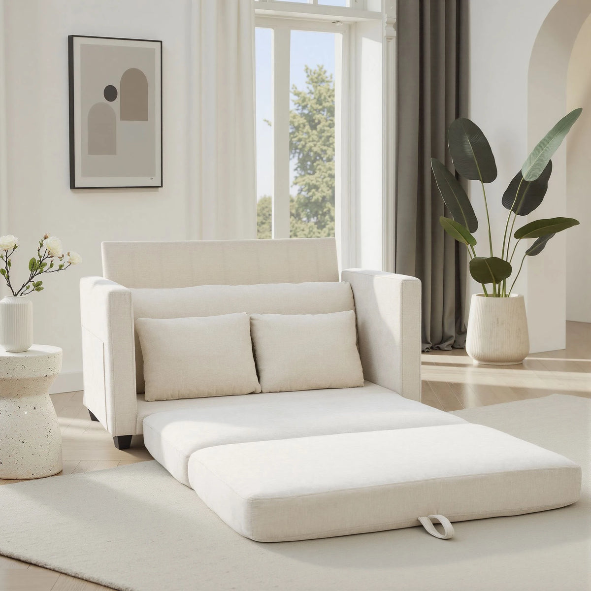 2‑in‑1 Pull‑Out Sleeper Sofa Bed, Fabric Loveseat Couch with Solid Wood Frame, Vacuum Packed No Assembly Sofa for Small Apartment Guest Room