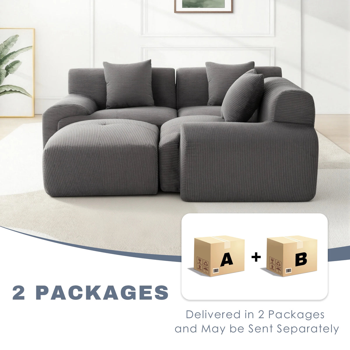 118‘’Dark grey Modular Sectional Sofa, Oversize Corduroy Couch Free Combination Sofa with Wide Armrest & Throw Pillows for Living Room