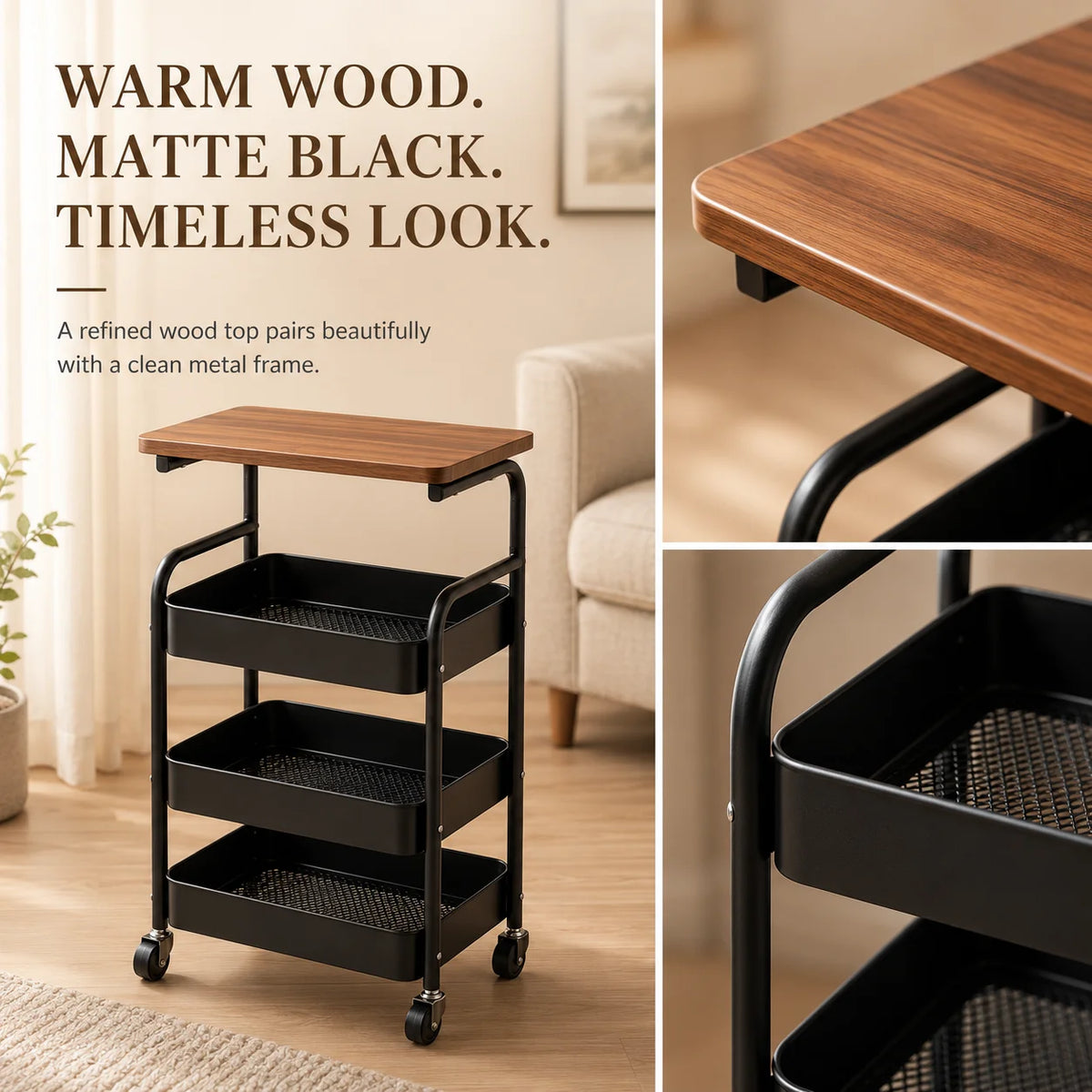 Multi-functional storage side table for the living room sofa, 2-tier/3-tier rolling multi-purpose storage cart with wooden top and lockable 360° swivel wheels, black metal wire baskets, movable wheeled side table, slim narro