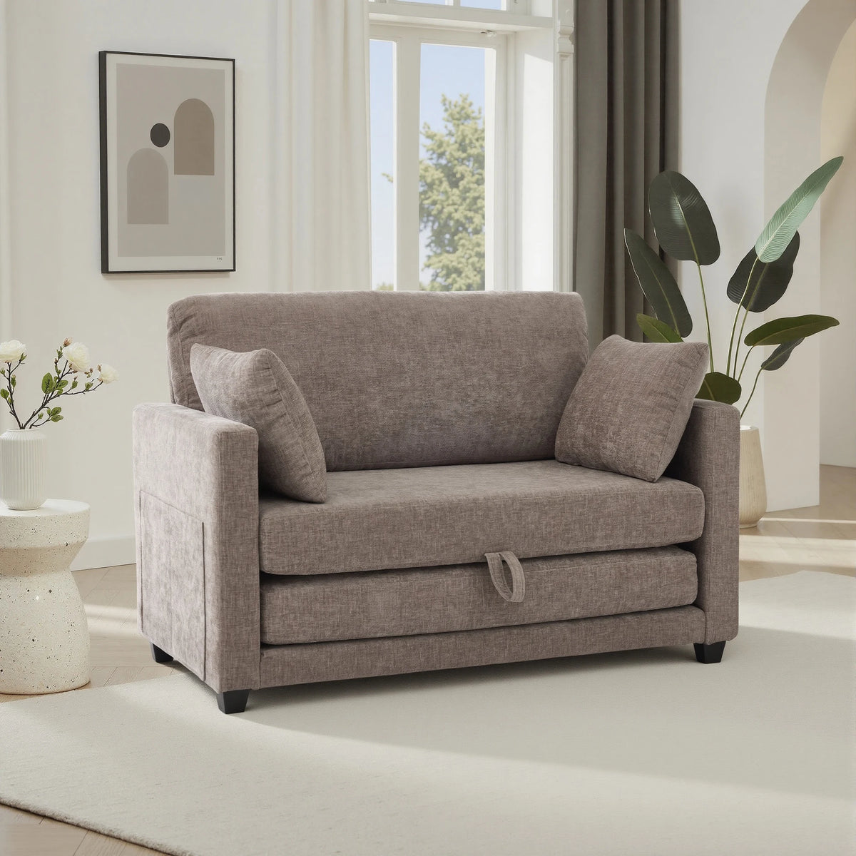 2‑in‑1 Pull‑Out Sleeper Sofa Bed, Fabric Loveseat Couch with Solid Wood Frame, Vacuum Packed No Assembly Sofa for Small Apartment Guest Room