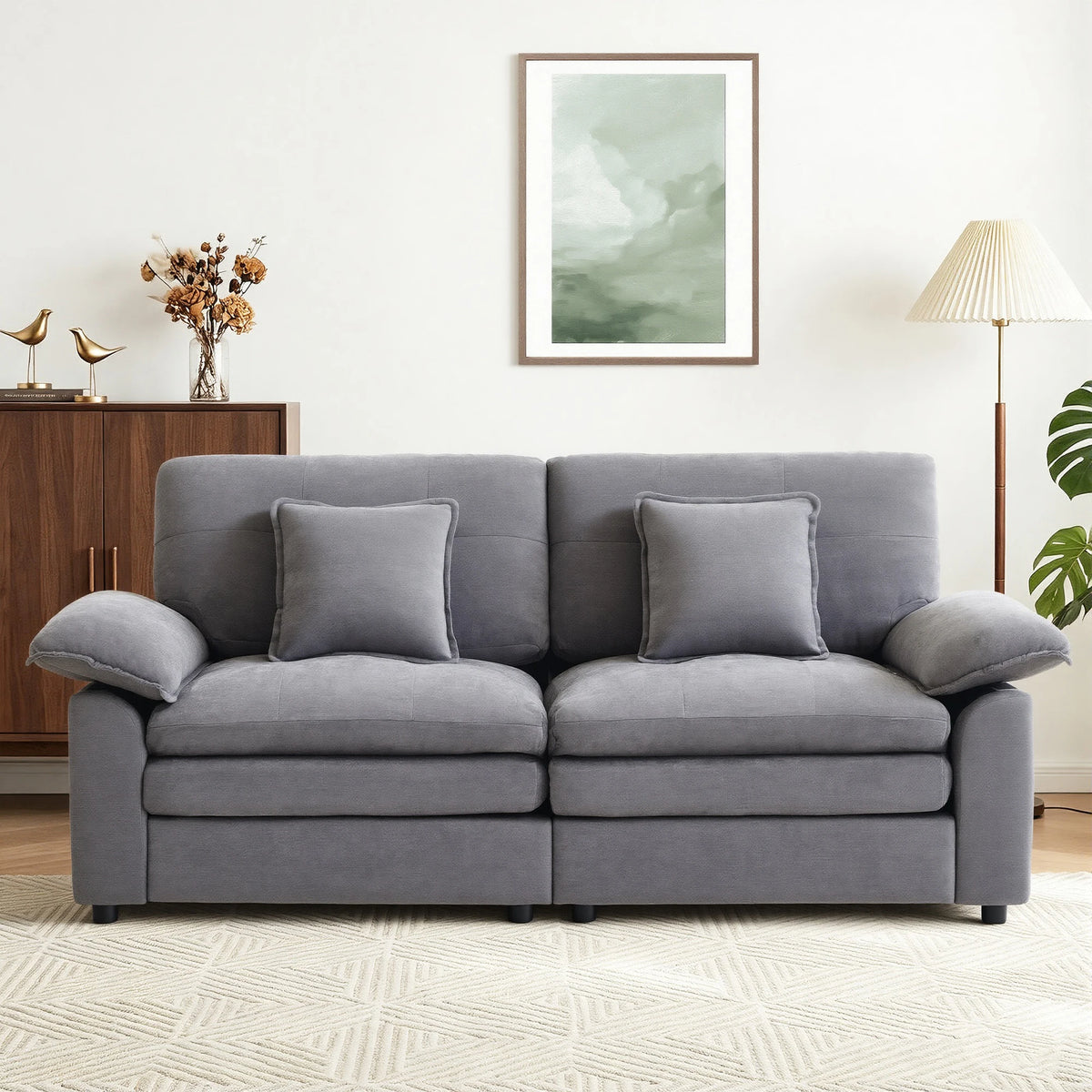 2‑Seater Modular Sofa Couch, Chenille Fabric Deep Seat Living Room Sofa with Cloud‑Like High‑Density Cotton Fill & 2 Throw Pillows for Apartment