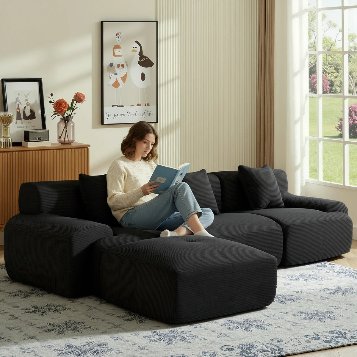 108''Modular Sectional Sofa L‑Shape Chaise Lounge, Free Combination Corduroy Couch with Pocket Spring High‑Density Foam for Living Room
