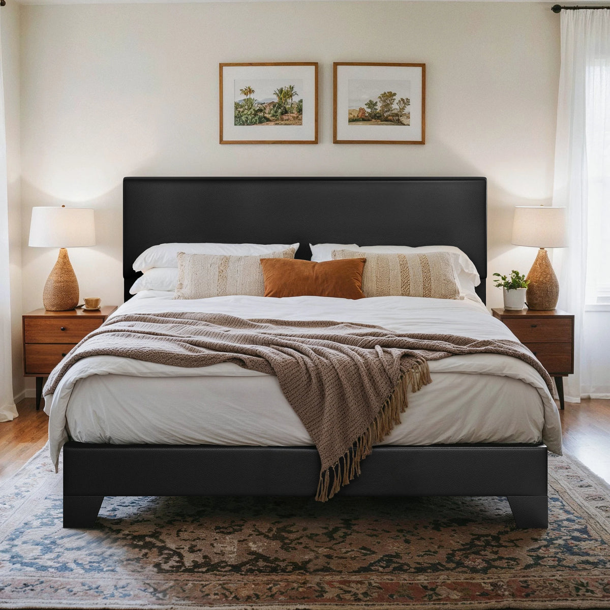 Upholstered Bed Frame with Adjustable Headboard, Soft Linen Fabric, Strong Supporting Structure, Noise-Free