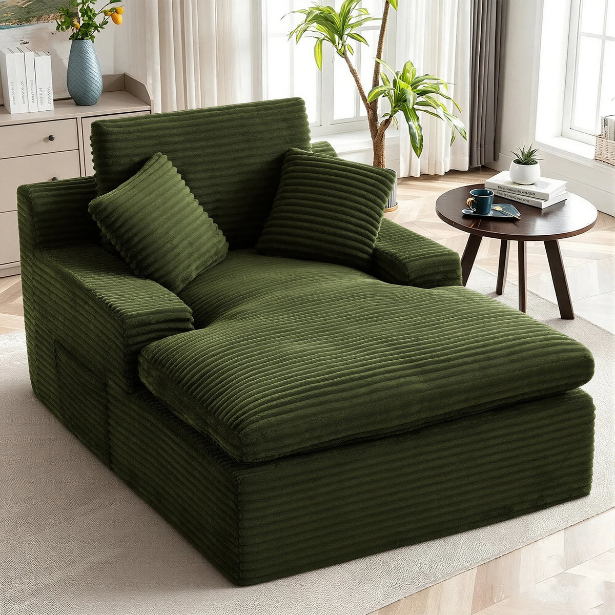 Green Indoor Relax L‑Shape Chaise Lounge Sofa, Corduroy Modular Sectional Couch Cloud Spring Cushion, Vacuum Packed No Assembly for Reading Rest Sleeping