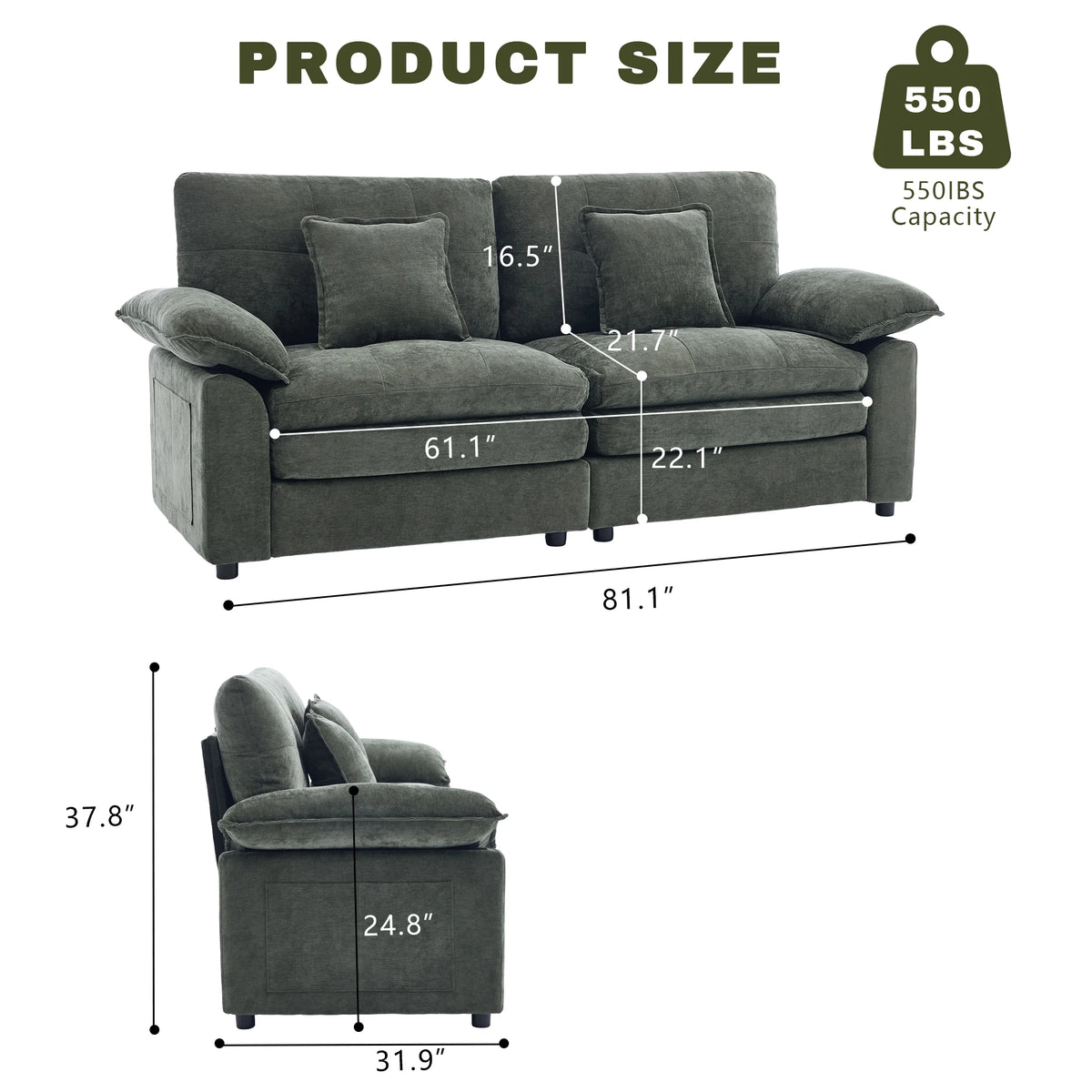 Comfortable Cloud‑Like 2 Seater Modular Sofa, Soft Chenille Upholstered Couch with Deep Seat Design for Living Room Bedroom Home Furniture