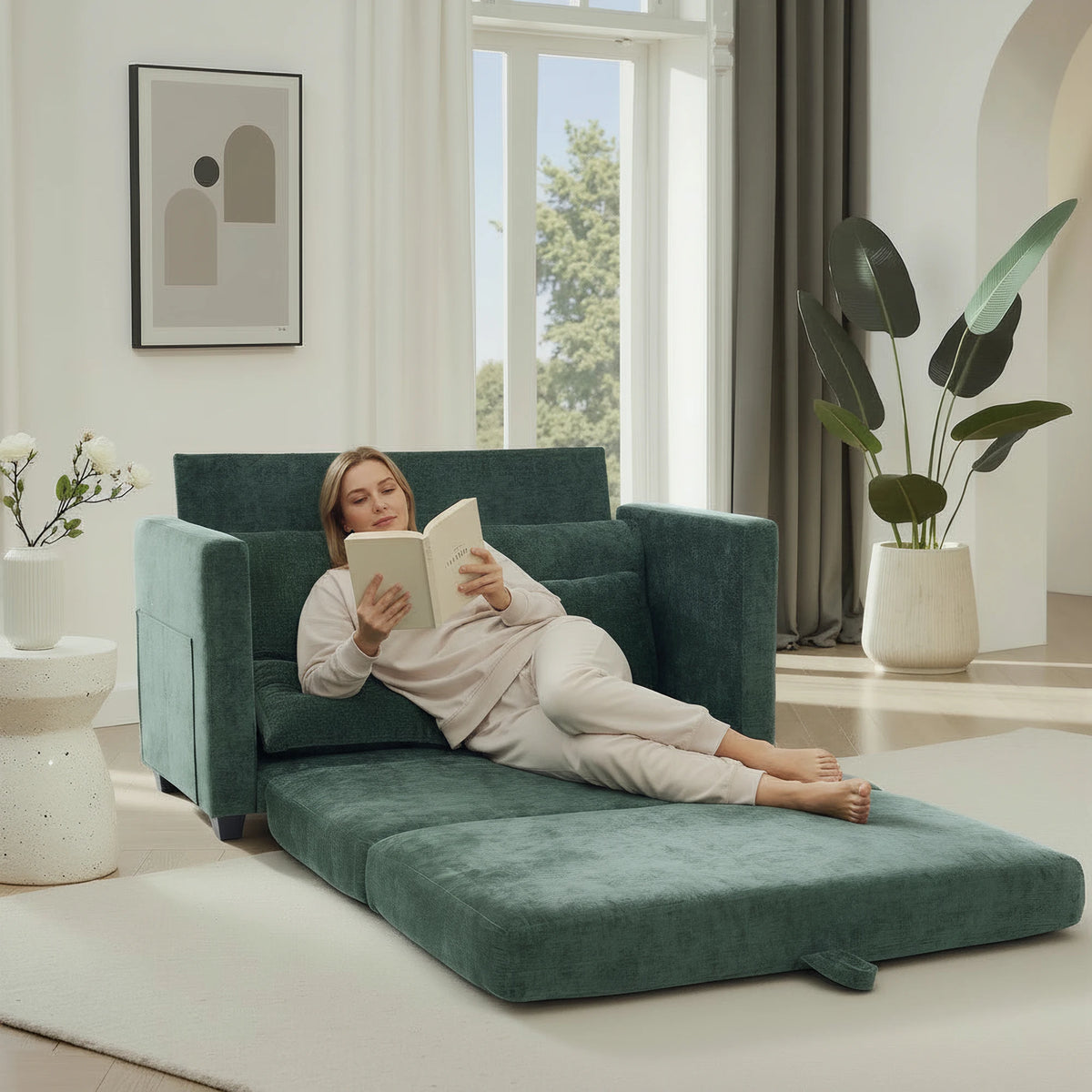 Soft Fabric 2‑in‑1 Pull‑Out Sofa Bed, Loveseat Sleeper Couch with Solid Wood Frame, Vacuum Packed No Assembly Furniture for Home Use