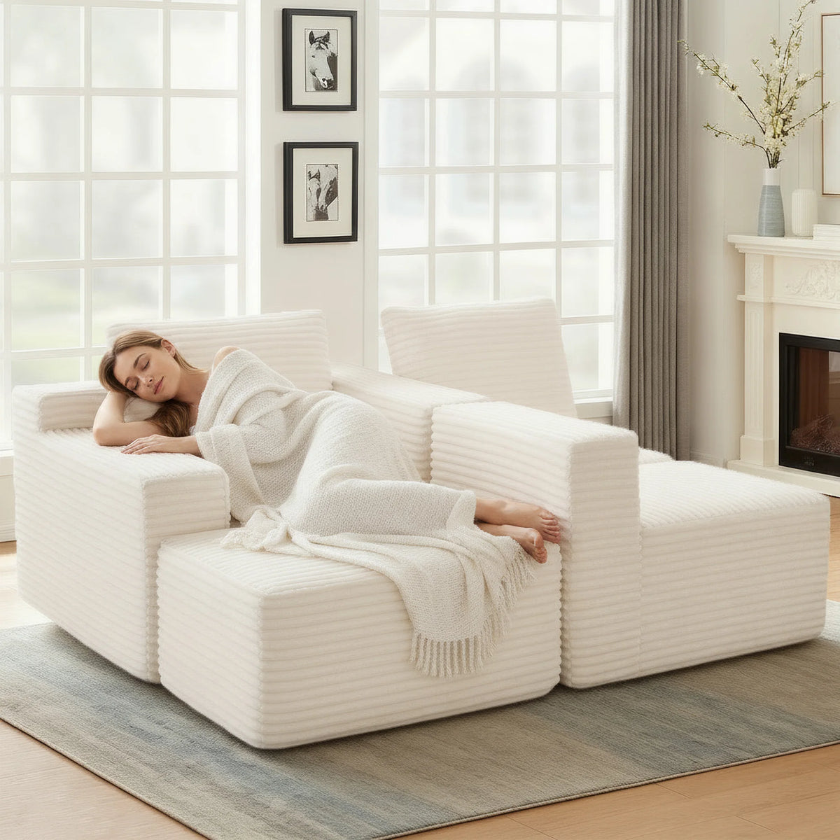 Beige Modular Free Combination Corduroy Sectional Sofa, L‑Shape Chaise Lounge Couch, Vacuum Compressed No Assembly Furniture for Bedroom Guest Room Home Decor