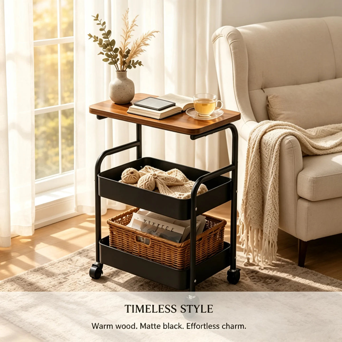 Multi-functional storage side table for the living room sofa, 2-tier/3-tier rolling multi-purpose storage cart with wooden top and lockable 360° swivel wheels, black metal wire baskets, movable wheeled side table, slim narro