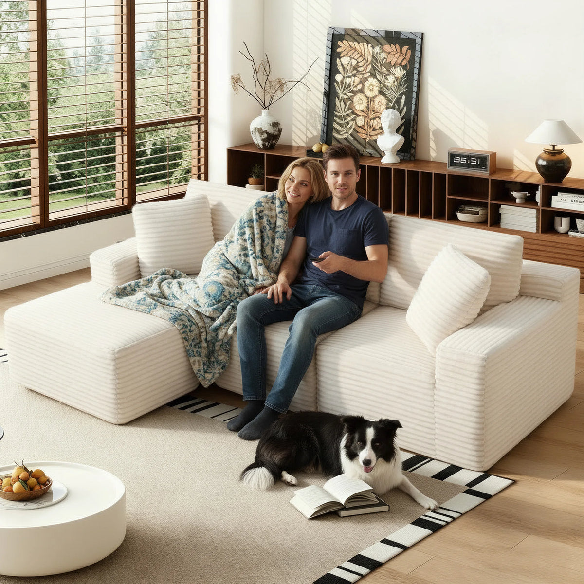 Beige Modular Free Combination Corduroy Sectional Sofa, L‑Shape Chaise Lounge Couch, Vacuum Compressed No Assembly Furniture for Bedroom Guest Room Home Decor