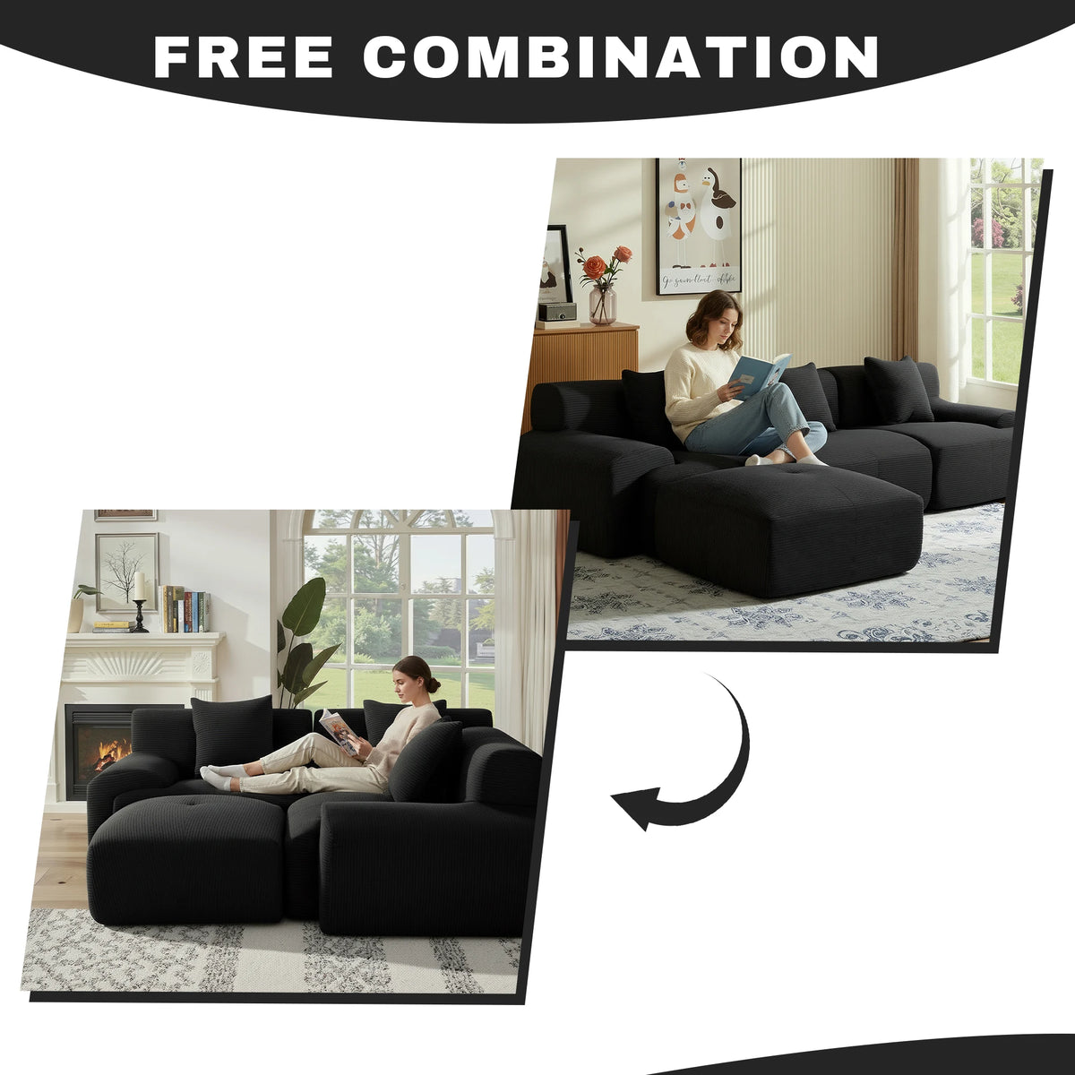108''Modular Sectional Sofa L‑Shape Chaise Lounge, Free Combination Corduroy Couch with Pocket Spring High‑Density Foam for Living Room