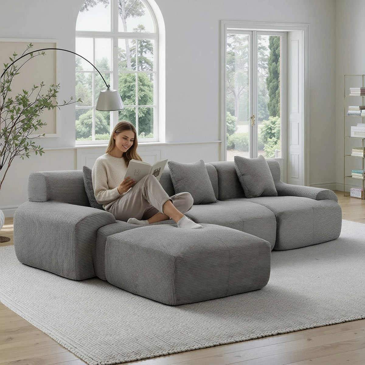 118‘’Dark grey Modular Sectional Sofa, Oversize Corduroy Couch Free Combination Sofa with Wide Armrest & Throw Pillows for Living Room