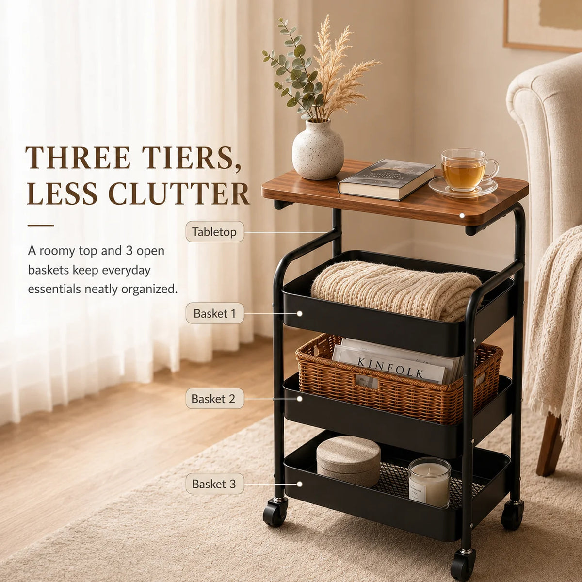 Multi-functional storage side table for the living room sofa, 2-tier/3-tier rolling multi-purpose storage cart with wooden top and lockable 360° swivel wheels, black metal wire baskets, movable wheeled side table, slim narro