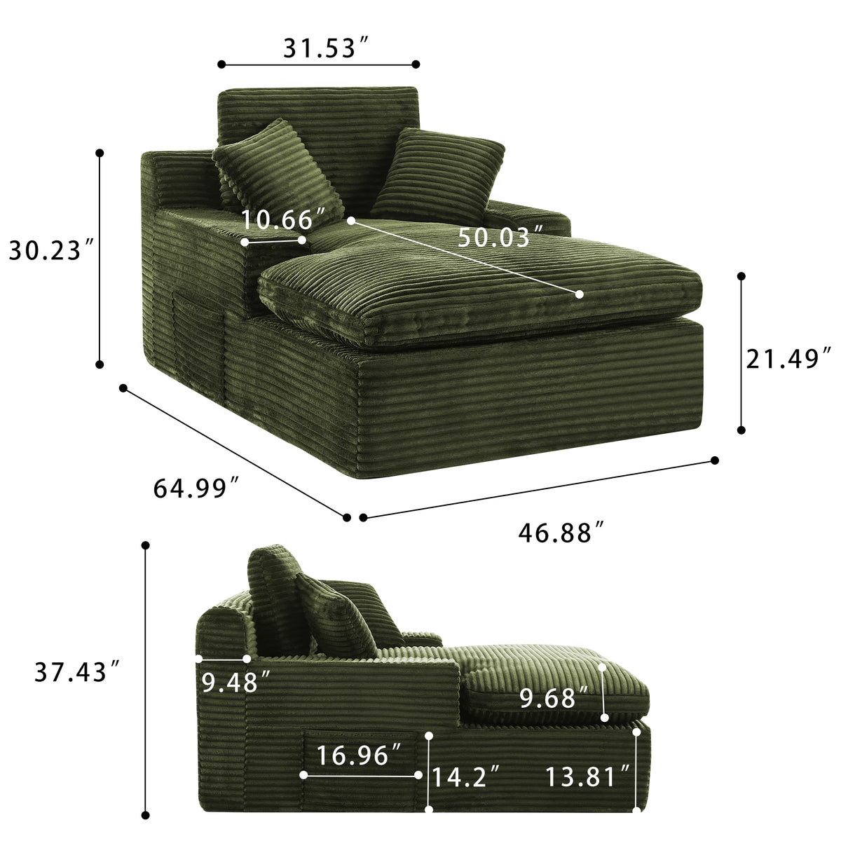 Green Indoor Relax L‑Shape Chaise Lounge Sofa, Corduroy Modular Sectional Couch Cloud Spring Cushion, Vacuum Packed No Assembly for Reading Rest Sleeping