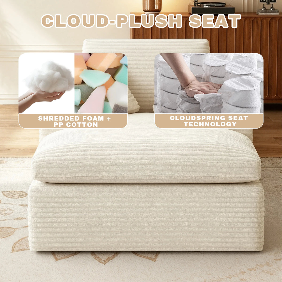 Beige L‑Shape Corduroy Chaise Lounge Sofa, Modular Free Combination Sectional Couch, Cloud Spring Cushion Vacuum Compressed for Small Space Home Bedroom
