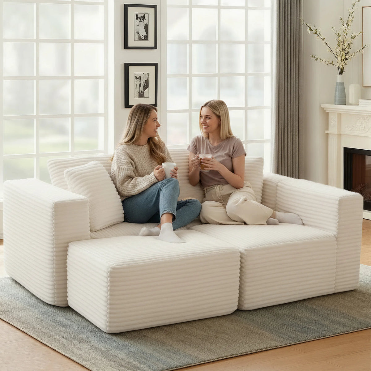 Beige Modular Free Combination Corduroy Sectional Sofa, L‑Shape Chaise Lounge Couch, Vacuum Compressed No Assembly Furniture for Bedroom Guest Room Home Decor