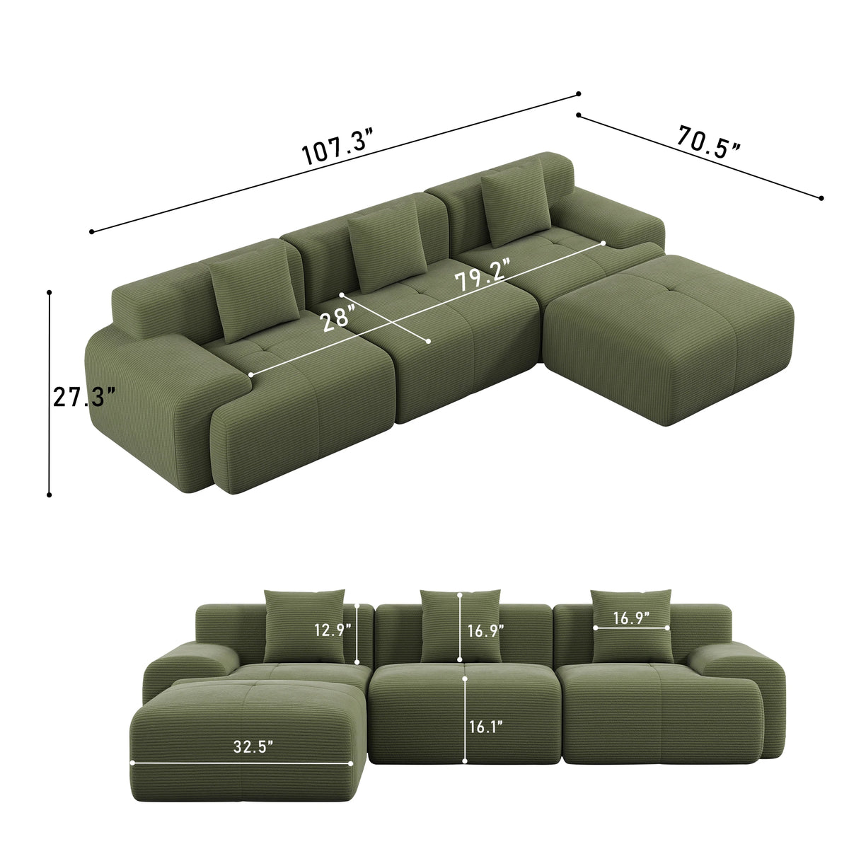 108''Modular Sectional Sofa L‑Shape Chaise Lounge, Free Combination Corduroy Couch with Pocket Spring High‑Density Foam for Living Room