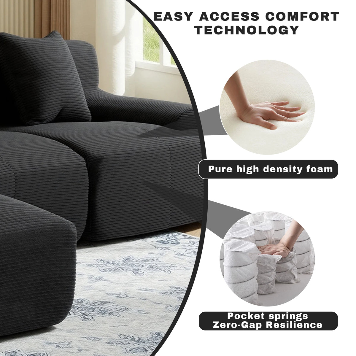108''Modular Sectional Sofa L‑Shape Chaise Lounge, Free Combination Corduroy Couch with Pocket Spring High‑Density Foam for Living Room