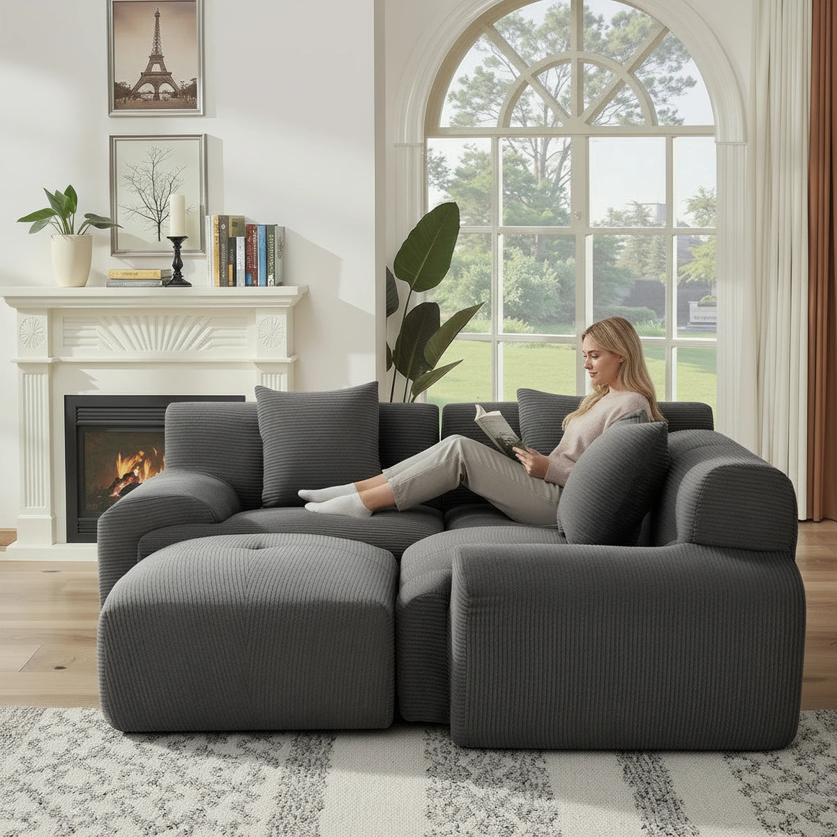 108''Modular Sectional Sofa L‑Shape Chaise Lounge, Free Combination Corduroy Couch with Pocket Spring High‑Density Foam for Living Room