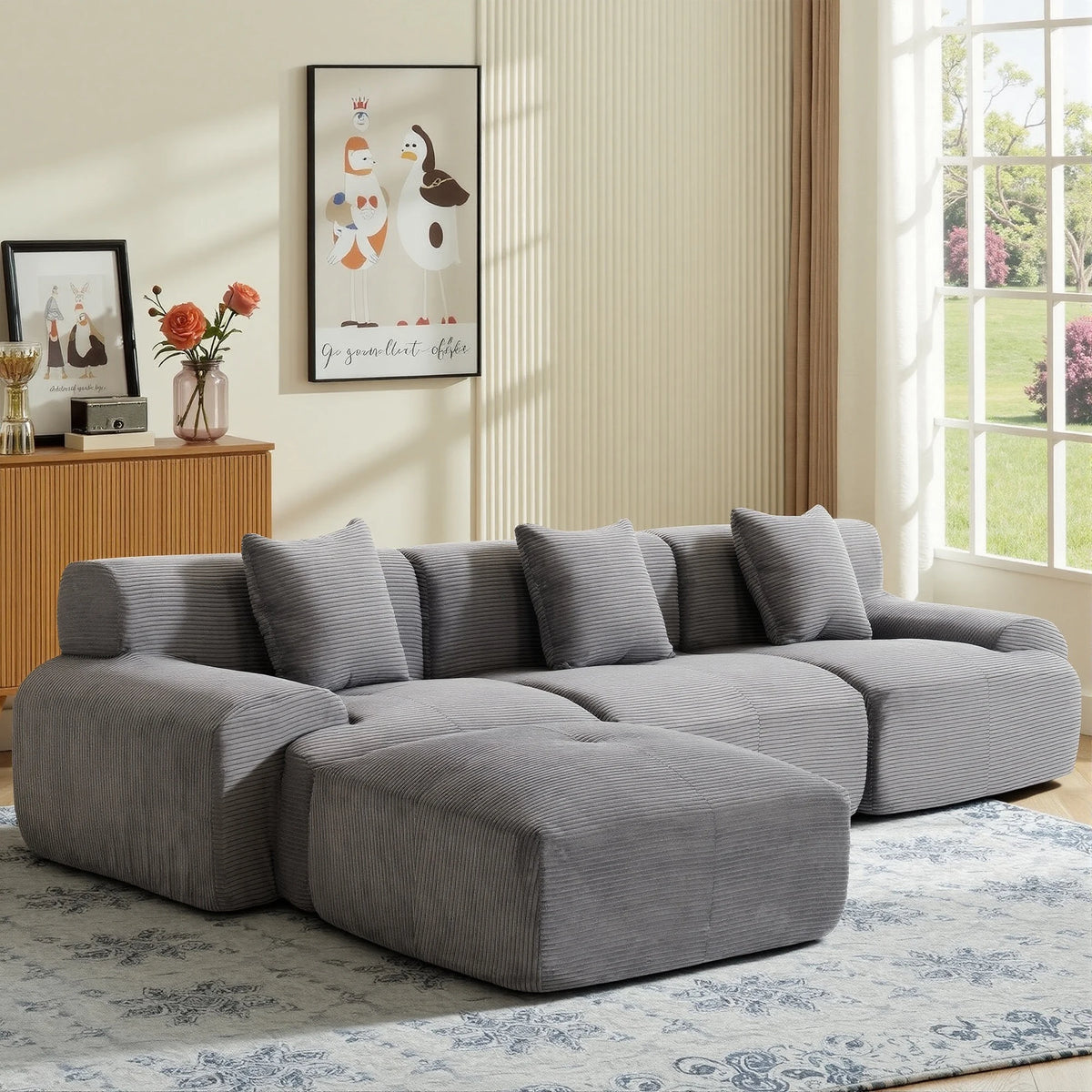 108''Modular Sectional Sofa L‑Shape Chaise Lounge, Free Combination Corduroy Couch with Pocket Spring High‑Density Foam for Living Room