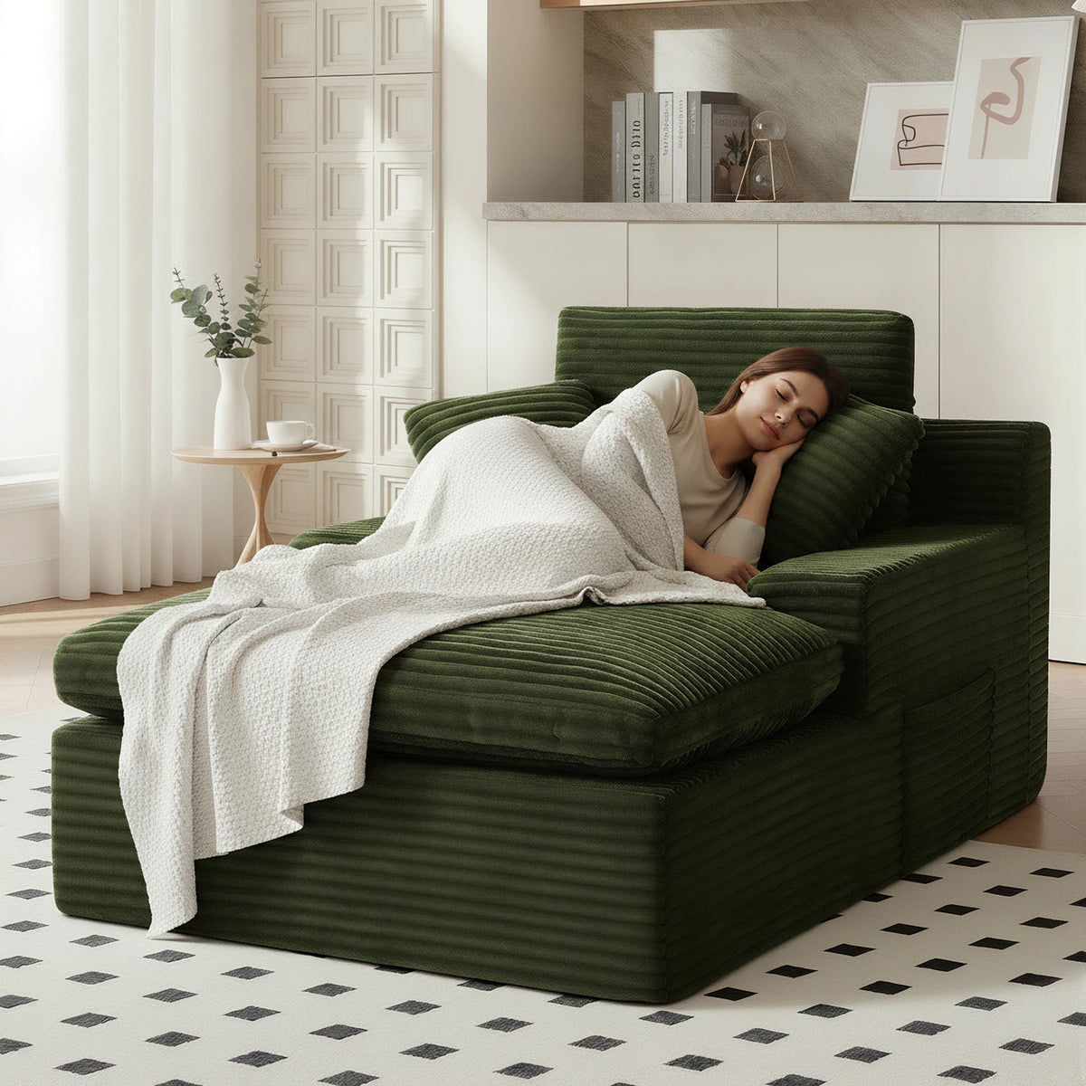 Green Indoor Relax L‑Shape Chaise Lounge Sofa, Corduroy Modular Sectional Couch Cloud Spring Cushion, Vacuum Packed No Assembly for Reading Rest Sleeping