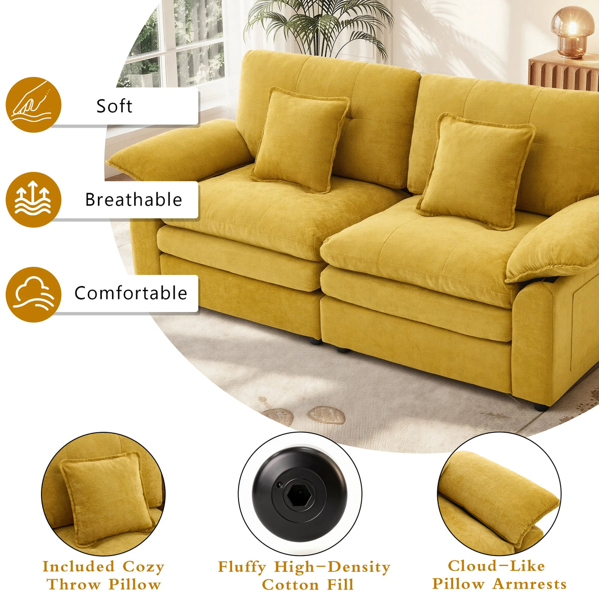 Modular 2‑Seater Living Room Sofa, Chenille Fabric Couch with High‑Density Cotton Filled Cushion, Plush Pillow Armrest for Daily Relaxation